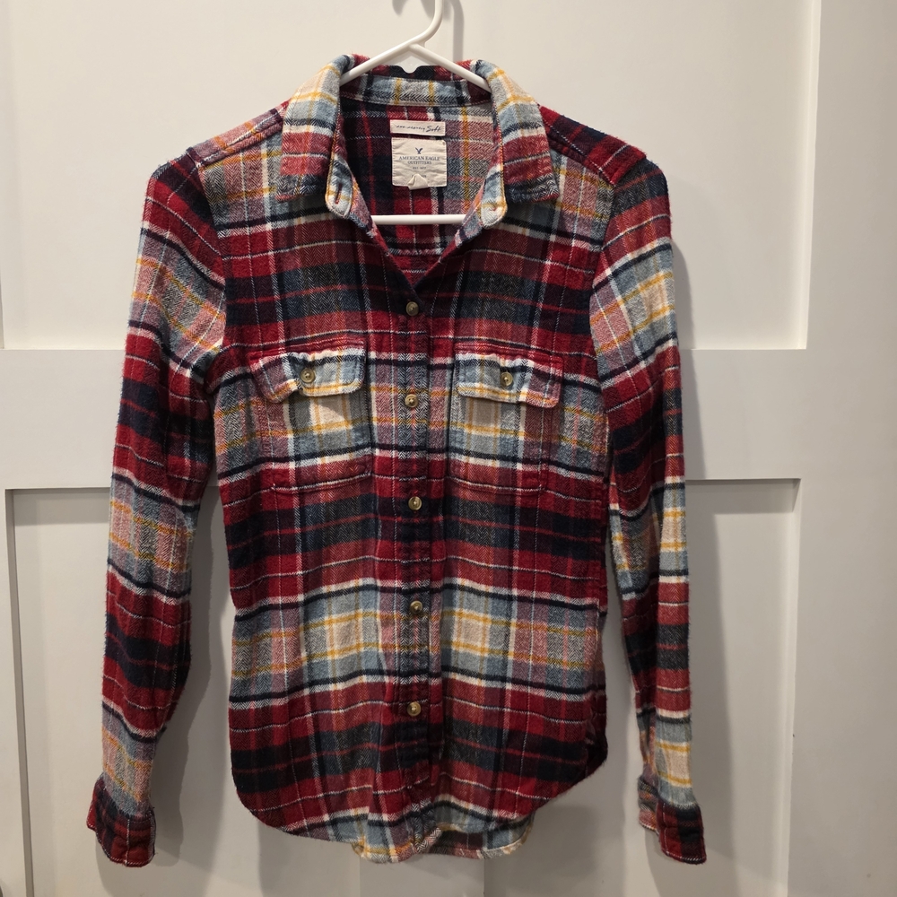 American Eagle Women's Heavy Flannel Ahhamazing  Soft Slim S Red Grunge 90s